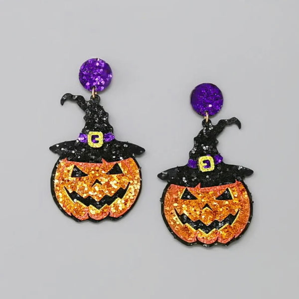 Glitter Pumpkin W/ Witch Hat Earrings